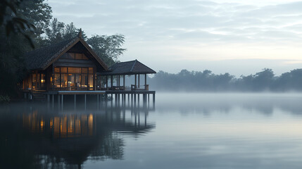 Fototapeta premium serene Thai lakeside house reflects on calm water at dawn