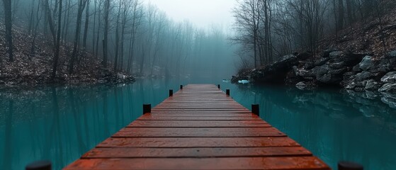 A wooden pier extends into a calm, blue-green lake, surrounded by trees and rocks.