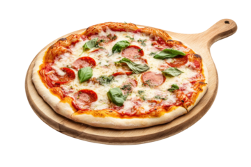 Delicious pepperoni and basil pizza on wooden pizza peel, cut out