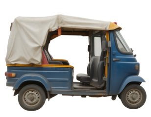 Blue and yellow Tuk-tuk auto rickshaw parked on the road