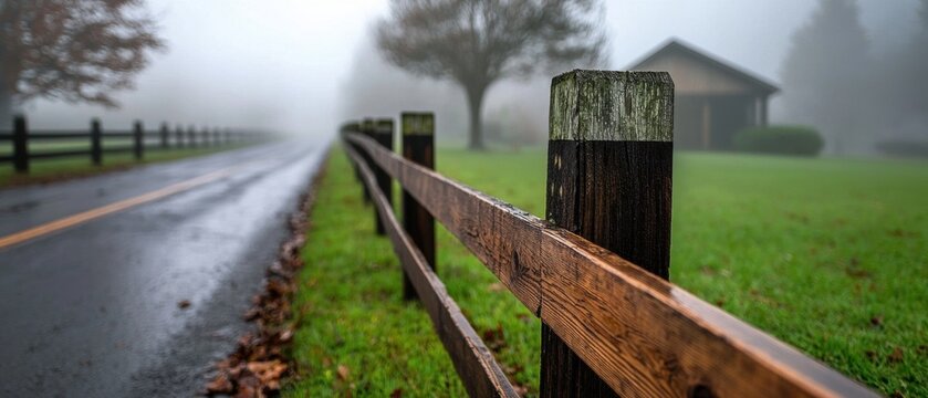 A wooden fence with a post in the foreground and a road in the background.