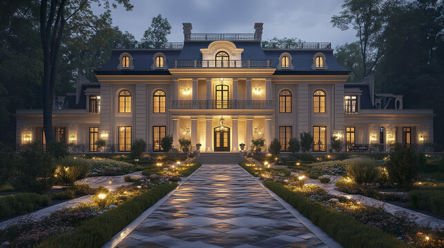 grand chateau style mansion with elegant lighting at dusk
