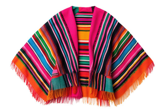 Colorful mexican serape poncho with vibrant stripes and fringe details, cut out