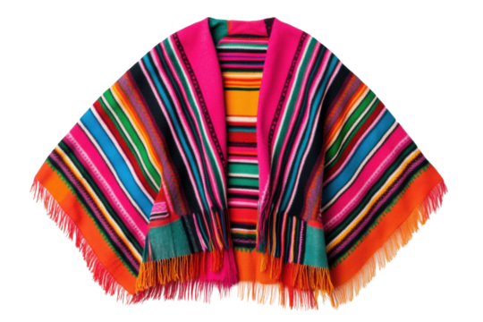 Colorful mexican serape poncho with vibrant stripes and fringe details, cut out