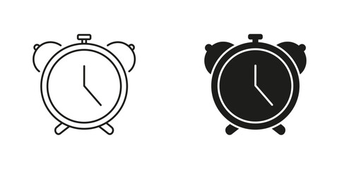 Traditional Alarm Clock Line and Silhouette Icon Set. Morning Wake Up Timer Symbol. Classic Alarm Clock, Time Reminder. Timekeeping and Wake Up Device. Editable Stroke. Isolated Vector Illustration
