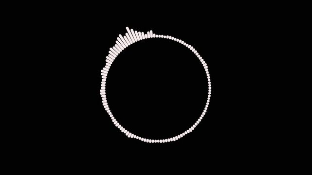 Futuristic circle audio wave sound frequency spectrum lines in motion On Black Background. 4K Loopable white video footage Animation. Hypnotic audio spectrum wave. Pulsing digital sound wavesform.