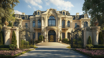 Fototapeta premium grand French chateau with ornate architecture and lush gardens