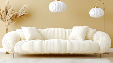A modern interior scene featuring a white couch and decor