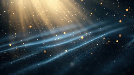 Abstract Dark Blue Wave Background With Golden Light Rays And Particles