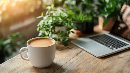 A steaming cup of coffee sits on a wooden table next to a laptop, surrounded by lush green plants, inviting focus and productivity in a cozy environment.