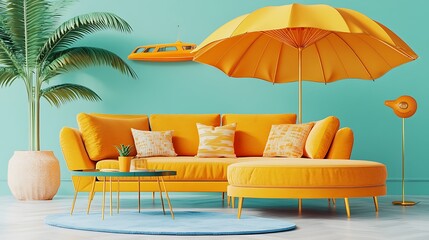 Obraz premium A modern room features bright colors and tropical design elements