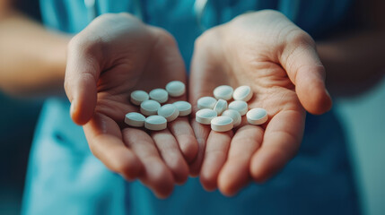 Close-up view of nurse's hands holding various medicine pills in clear setting