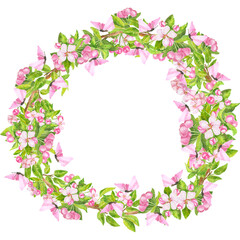 watercolor pink butterflies, apple flowers, leaves and buds floral wreath isolated on white.
