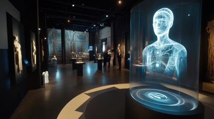 An AI driven immersive museum experience, interactive exhibits responding to visitors in real time using holographic AI guides, Cultural tech style