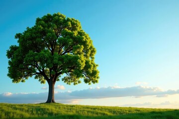 Obraz premium Tree against the clear blue morning sky with subtle clouds, dawn, foliage
