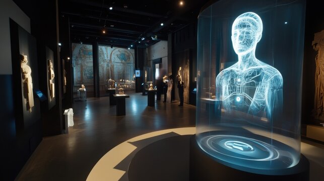 An AI driven immersive museum experience, interactive exhibits responding to visitors in real time using holographic AI guides, Cultural tech style