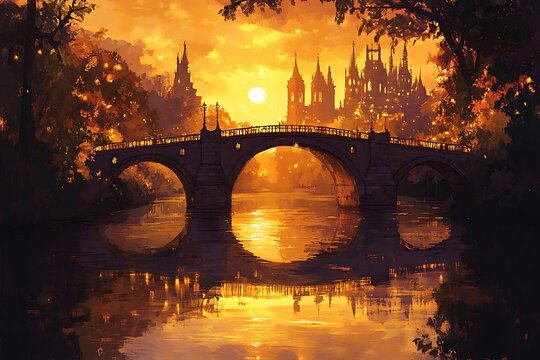 Twilight Scene of a Famous European City with Bridges.