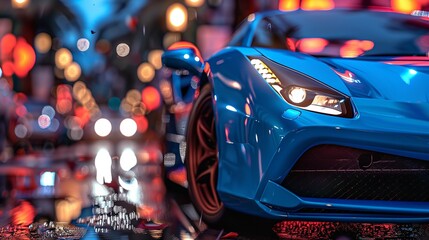 A blue sports car sits parked on a busy city street, surrounded by tall buildings and bustling pedestrian activity.