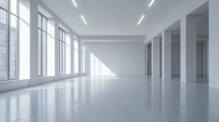 Fototapeta premium Minimalist modern workspace in renovation phase with bright lighting and empty walls