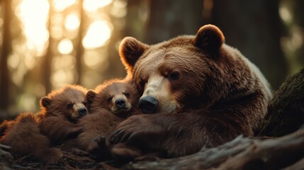 Fototapeta premium A serene scene capturing a protective mother bear with her two adorable cubs nestled close, showcasing their bond and the beauty of nature in a tranquil forest environment.