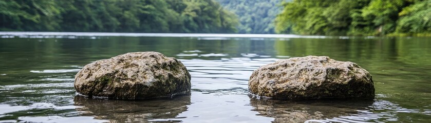 Two rocks in calm river, lush green forest backdrop. Nature scene