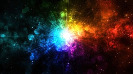 Obraz premium Cosmic Rainbow Burst: A vibrant explosion of color and light in a dark, starry expanse. Digital art showcasing a spectrum of radiant hues.