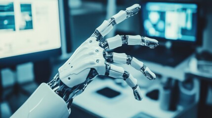 An AI enhanced bionic limb research center, engineers designing neural-controlled prosthetics with precise movement capabilities, Biomechanics tech style