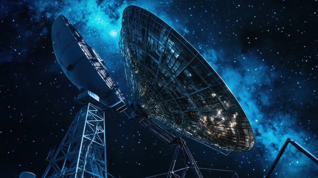 An AI enhanced deep space communication center, quantum networking enabling real-time interplanetary transmission, Space tech style