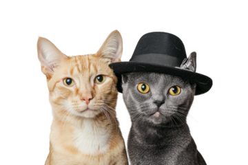 Two cats posing together: ginger cat and gray cat in hat, cut out