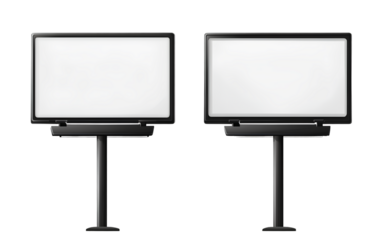 Set of two illustrations of blank billboards on poles, isolated on a transparent background