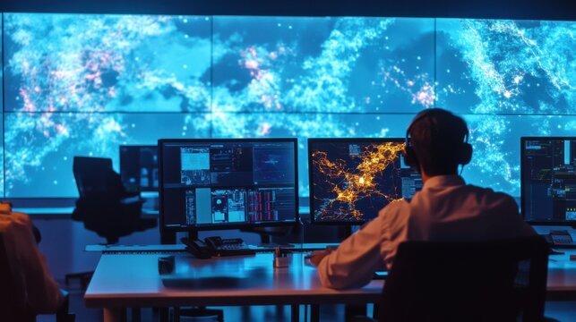 An AI enhanced disaster response control room, real-time satellite imagery and predictive analytics guiding emergency teams, Crisis management style