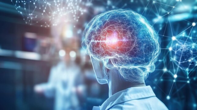 An AI enhanced medical research center, scientists using deep learning for drug discovery, Medical tech style