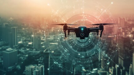 An AI enhanced real time crime monitoring system, smart cameras and drones tracking and analyzing criminal activity in urban areas, Security tech style