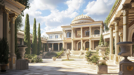 Obraz premium Roman inspired villa with massive Corinthian columns and lush greenery