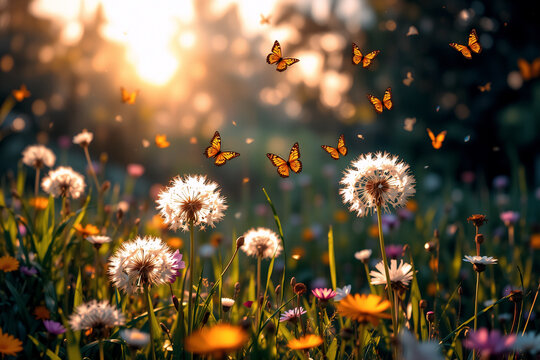 Fototapeta A sunlit meadow with dandelions and wildflowers. Butterflies flutter above the blooming flora, creating a peaceful and vibrant natural scene.