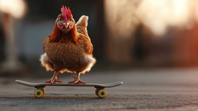 A chicken performing tricks on a skateboard captures a whimsical moment full of fun, highlighting unique animal behavior that sparks joy and laughter in viewers of all ages.