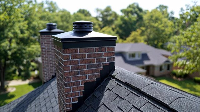 Charming chimney atop a roof, surrounded by lush greenery.