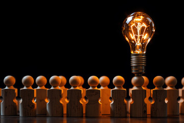 A bright light bulb illuminates wooden figures in the dark.  One large bulb stands out, symbolizing ideas and leadership among a group of people.