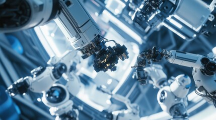 An AI enhanced space manufacturing station, robotic arms assembling spacecraft components in zero gravity, Aerospace tech style