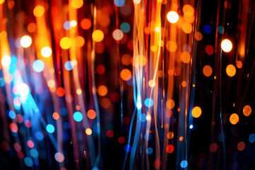 Abstract blurry lights in vibrant orange, red, and blue cascade down a dark background, creating a dynamic and colorful effect.
