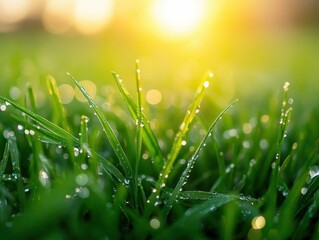 Fresh Green Grass with Dew Drops at Sunrise