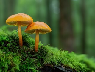 Fototapeta premium Golden Mushrooms on Mossy Log