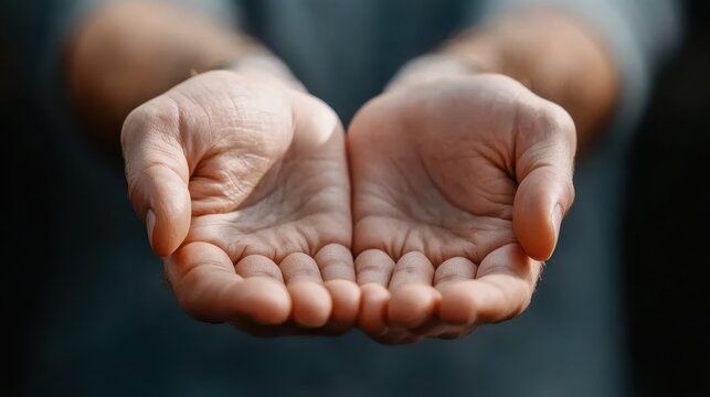 A pair of empty hands open and inviting, set against a soft, blurred background, symbolizing generosity and a willingness to share or give.