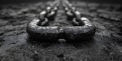 A metallic chain lies on a weathered textured surface