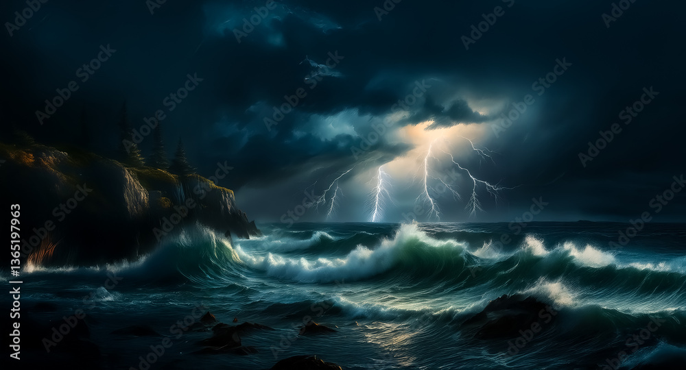Aufkleber dark stormy ocean scene with crashing waves and bright lightning striking the horizon. a rocky coast