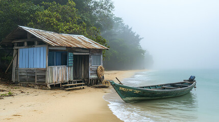 rustic Thai beachfront shack with wooden fishing boat in misty weather