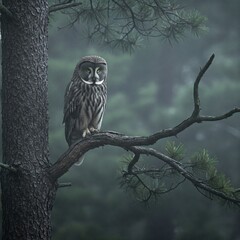 Fototapeta premium Great Horned Owl Resting on an Ancient Pine in a Misty Forest