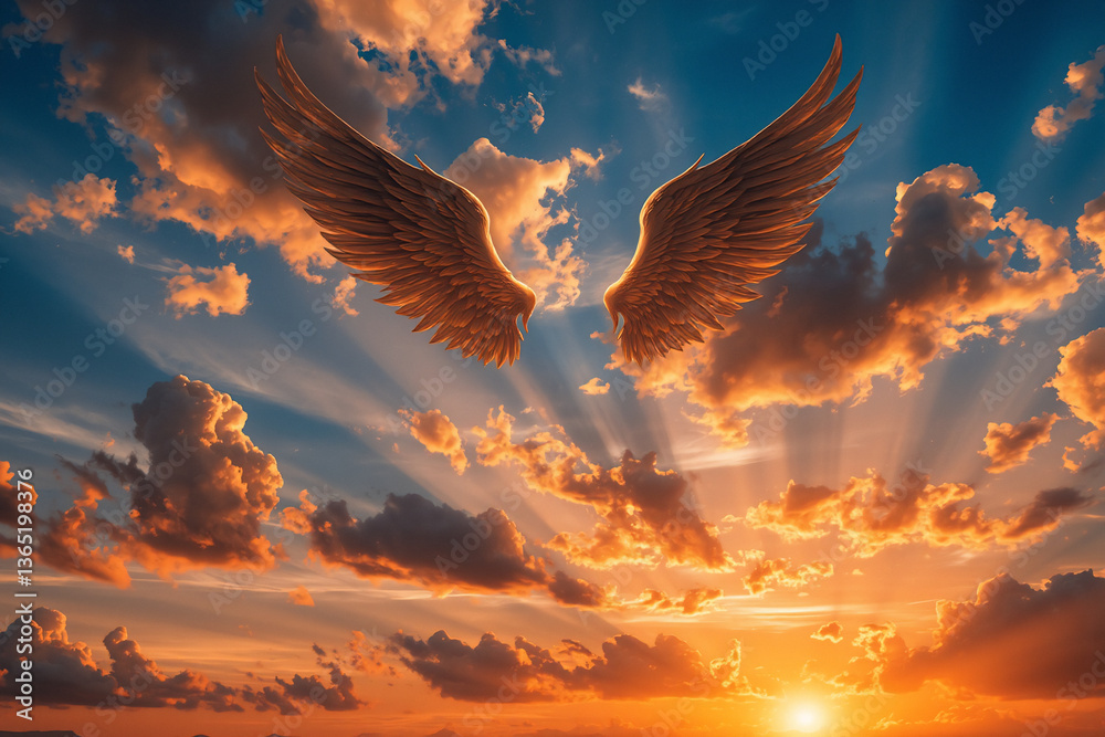 Aufkleber majestic wings soar in a colorful sky at sunset. golden sun rays break through the clouds, illuminat