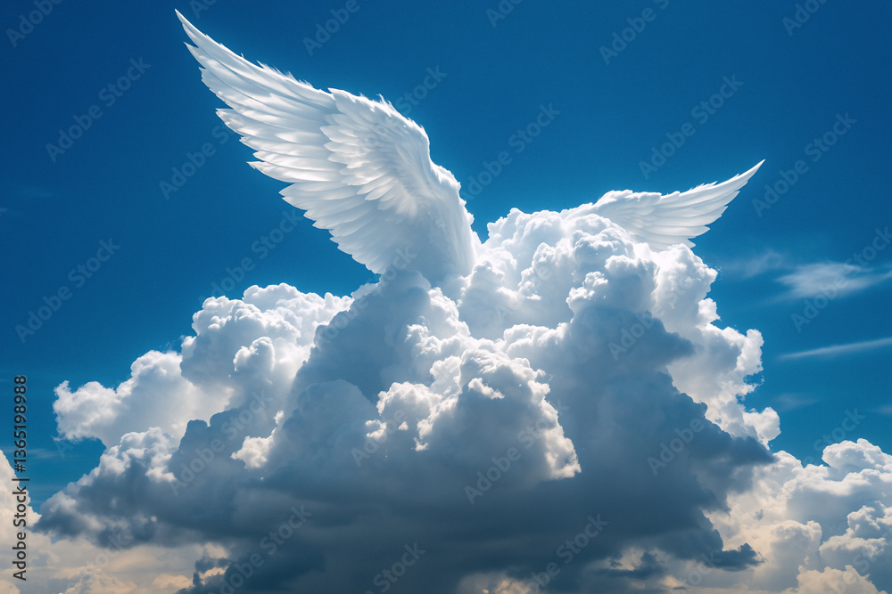Poster white wings emerge from a fluffy cloud in a bright blue sky. the angelic wings spread upwards from t