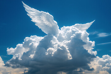White wings emerge from a fluffy cloud in a bright blue sky. The angelic wings spread upwards from the cloud formation, creating a serene and ethereal scene.